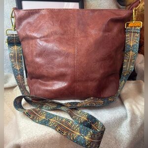 Brown Leather Shoulder Bag with Patterned Strap